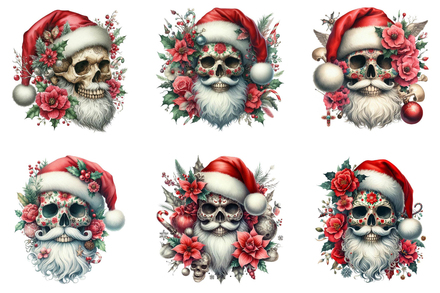 31 Christmas Santa Floral Skull Clipart Bundle