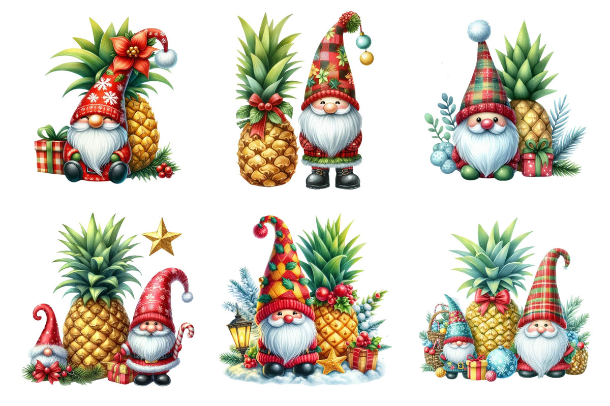 Christmas Pineapple Gnome Watercolor Clipart PNG Bundle