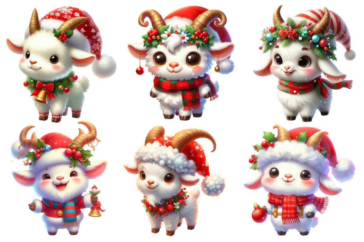 Christmas Goat Watercolor Clipart PNG Bundle
