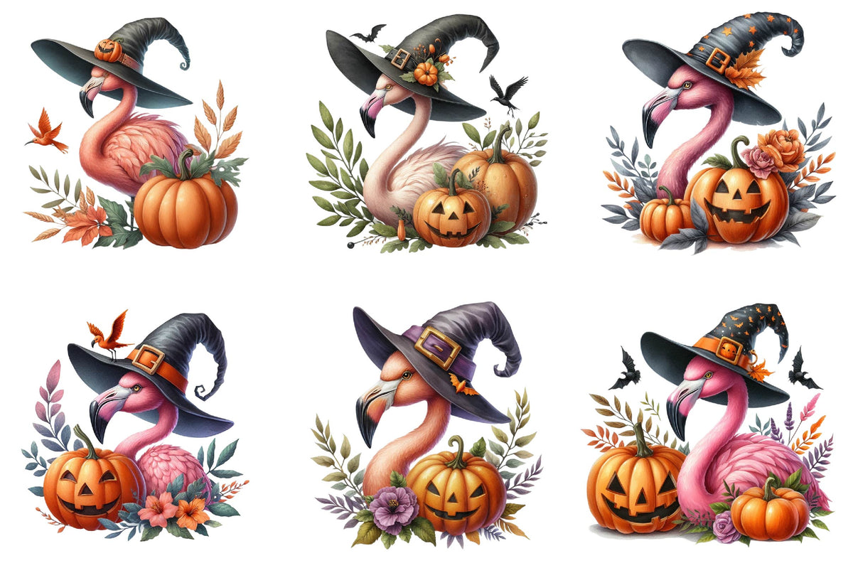 31 Halloween Witch Hat Flamingo Clipart Bundle PNG, Cute Flamingo Pumpkin Sublimation Designs