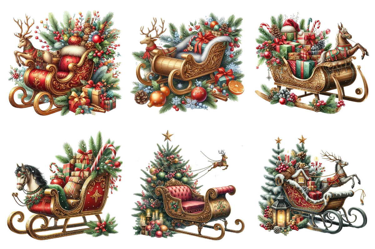 Christmas Sleigh Watercolor Clipart PNG Bundle
