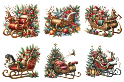 Christmas Sleigh Watercolor Clipart PNG Bundle