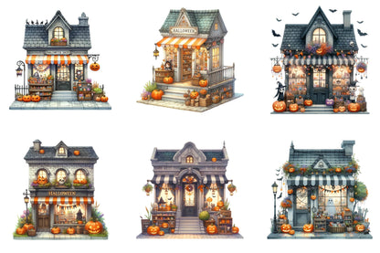 30 Halloween Shop Storefront Clipart PNG Bundle