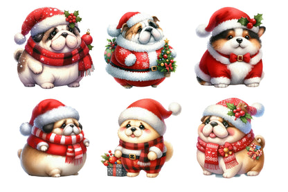 Christmas Funny Fat Dog Watercolor Clipart PNG Bundle