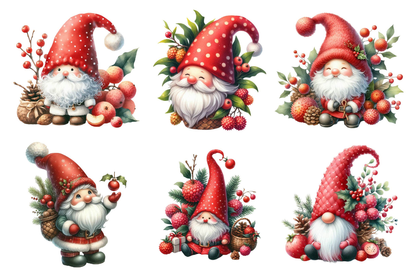 Christmas Lychee Gnome Watercolor Clipart PNG Bundle