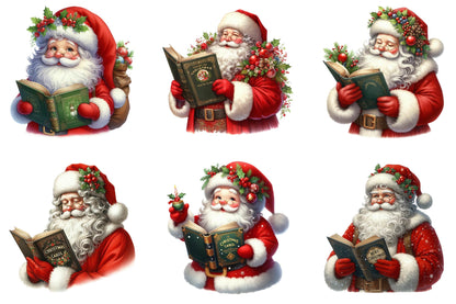 30 Christmas Santa Claus With Book Clipart PNG Bundle