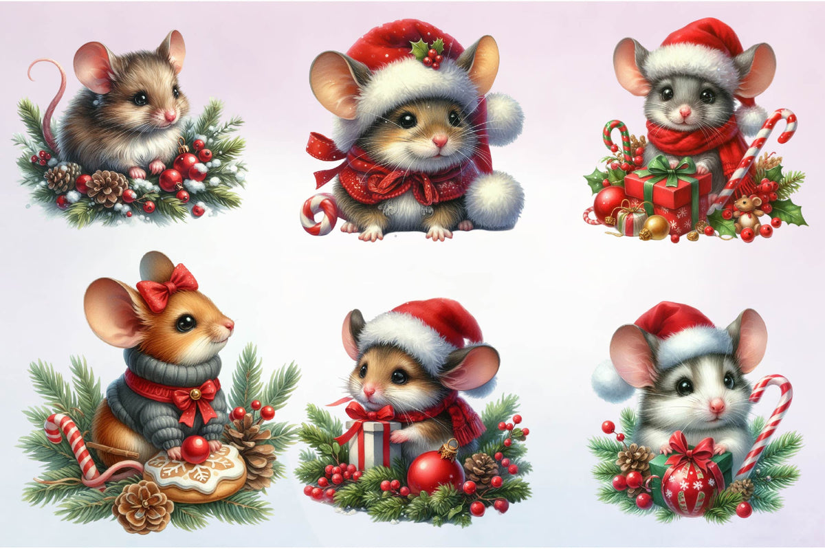 28 Christmas Mouse Clipart Bundle PNG, Cute Holiday Mouse Christmas Sublimation
