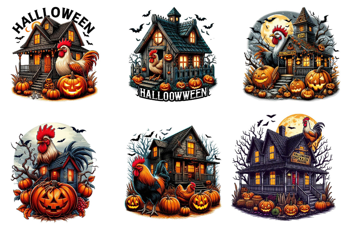 29 Halloween Chicken House Clipart Bundle PNG, Spooky Chicken Coop Halloween Sublimation