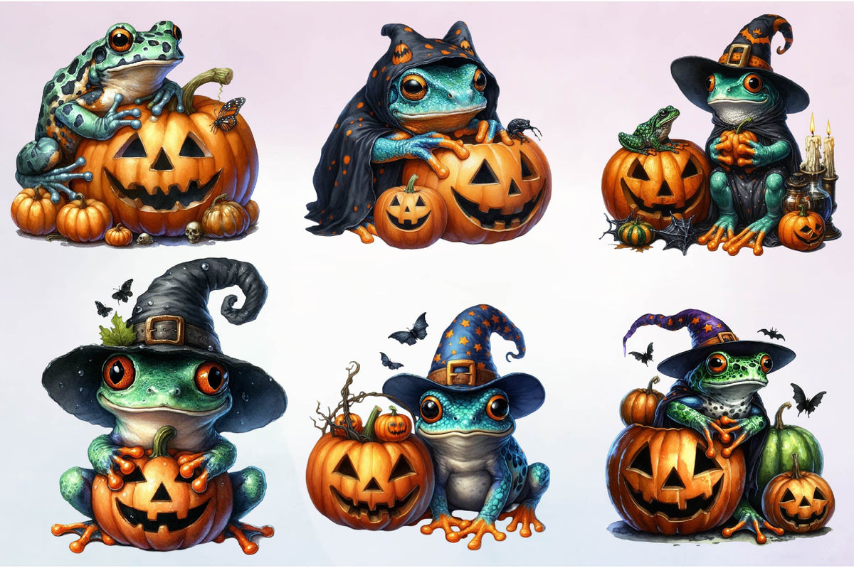 28 Halloween Frog Clipart Bundle PNG, Cute Witch Frog Pumpkin Sublimation Designs, Spooky Autumn