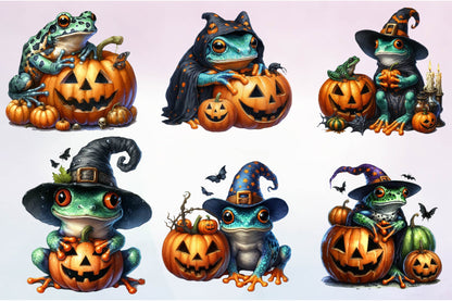 28 Halloween Frog Clipart Bundle PNG, Cute Witch Frog Pumpkin Sublimation Designs, Spooky Autumn