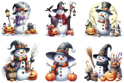 33 Halloween Snowman Watercolor Clipart PNG Bundle