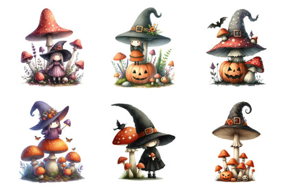 Halloween Mushroom Witch Watercolor Clipart PNG Bundle