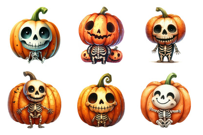 Halloween Skeleton Pumpkin Watercolor Clipart PNG Bundle