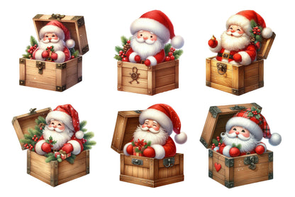 Christmas Santa in Wooden Box Watercolor Clipart PNG Bundle