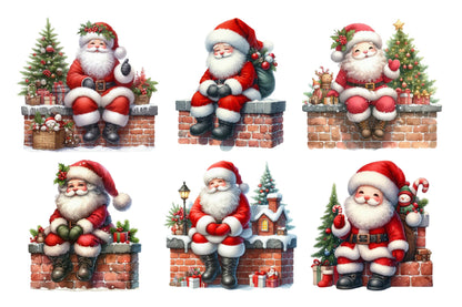 Christmas Santa on Brick Chimney Watercolor Clipart PNG Bundle