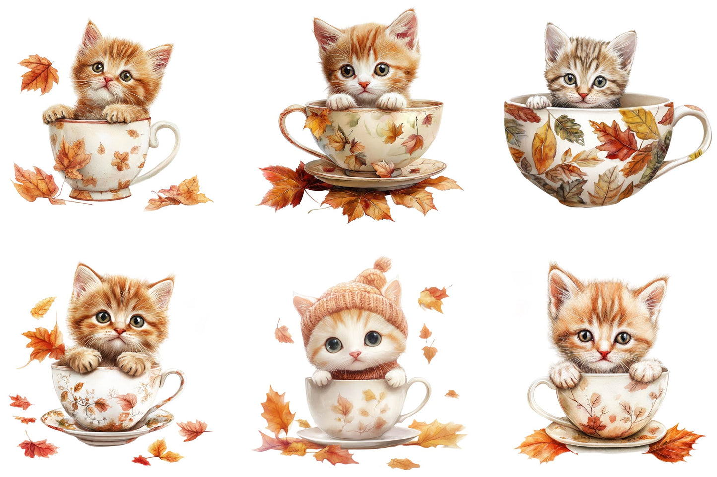 Autumn Kitten Teacup Clipart Bundle 23 Fall Cat Designs