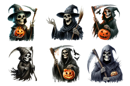 Halloween Funny Reaper Skull Watercolor PNG Bundle