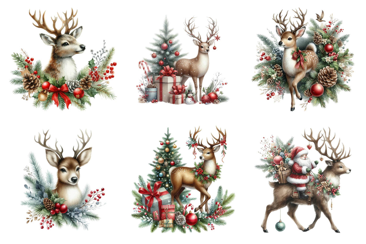 33 Christmas Reindeer Watercolor Clipart Bundle