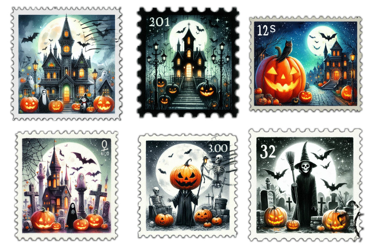 24 Halloween Sublimation Postage Stamps PNG Bundle
