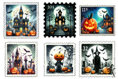 24 Halloween Sublimation Postage Stamps PNG Bundle