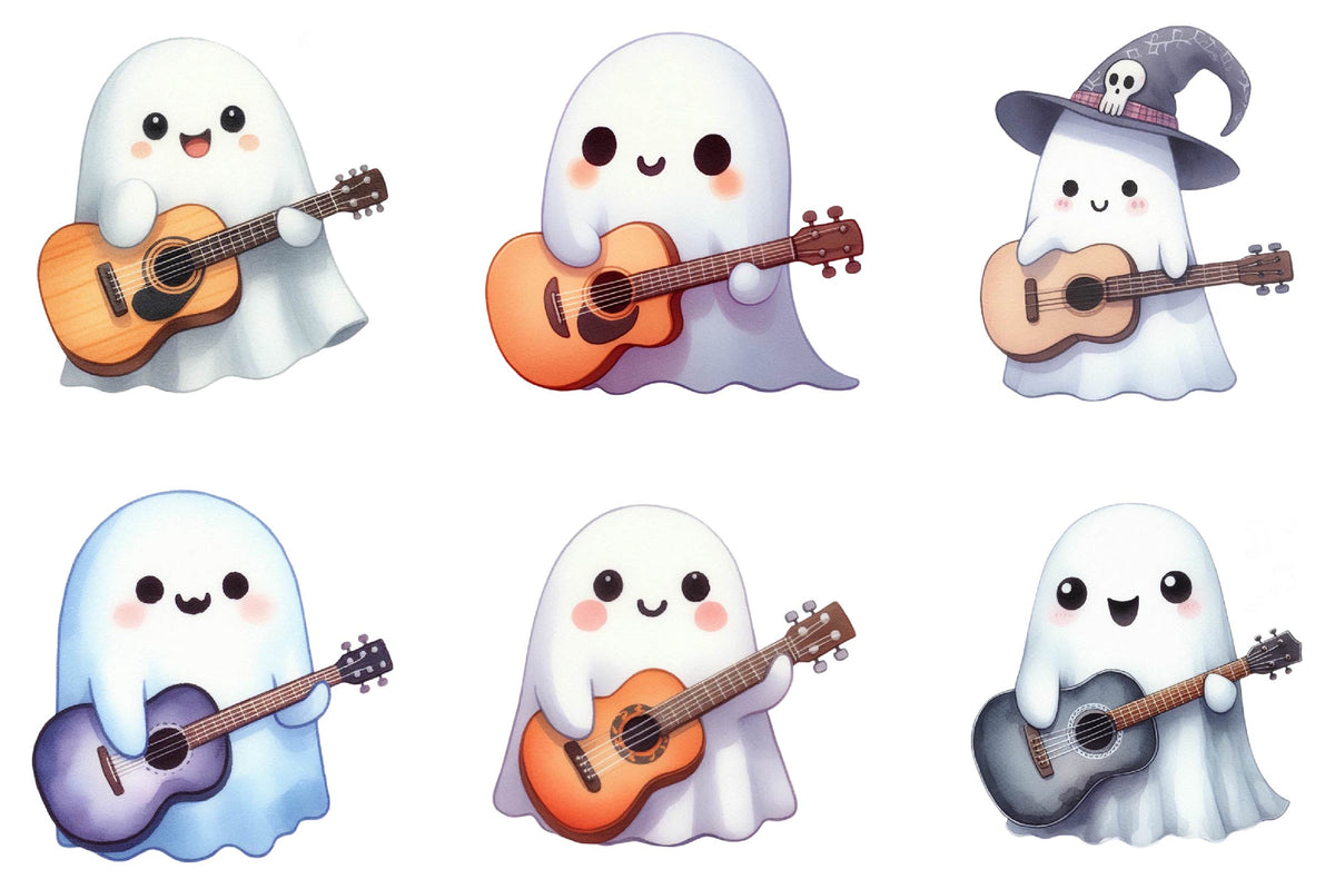 32 Halloween Cute Ghost Guitar Clipart PNG