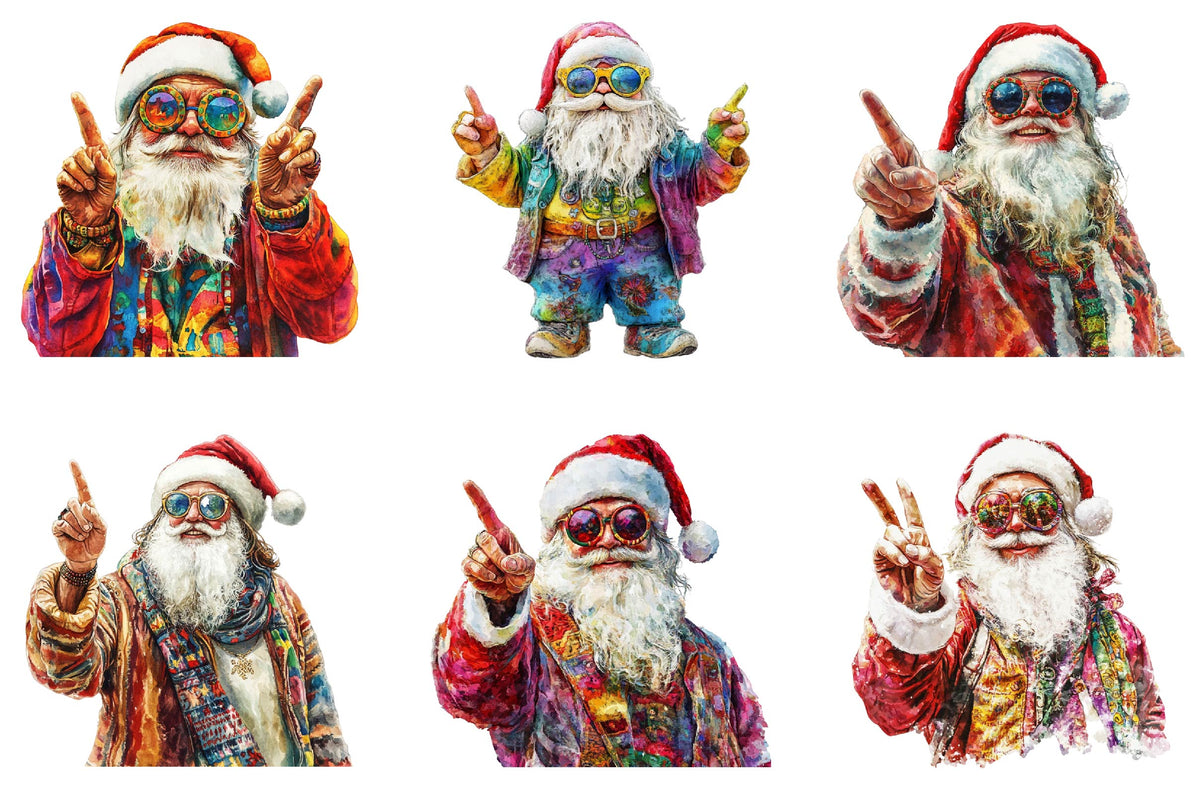 20 Christmas Hippie Santa Claus Clipart Bundle