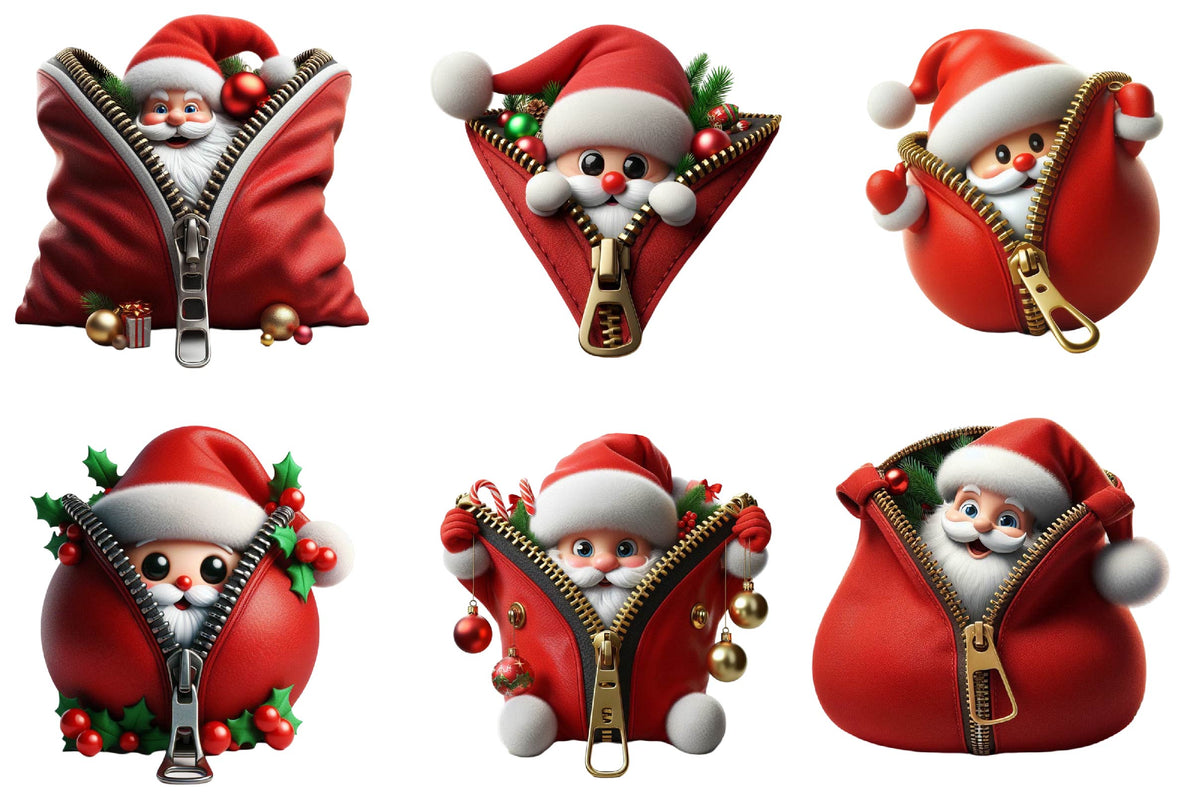 28 Christmas Santa Peeking Out Zipper Clipart Bundle PNG, Santa Christmas Sublimation
