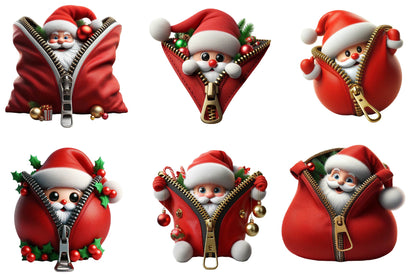 28 Christmas Santa Peeking Out Zipper Clipart Bundle PNG, Santa Christmas Sublimation