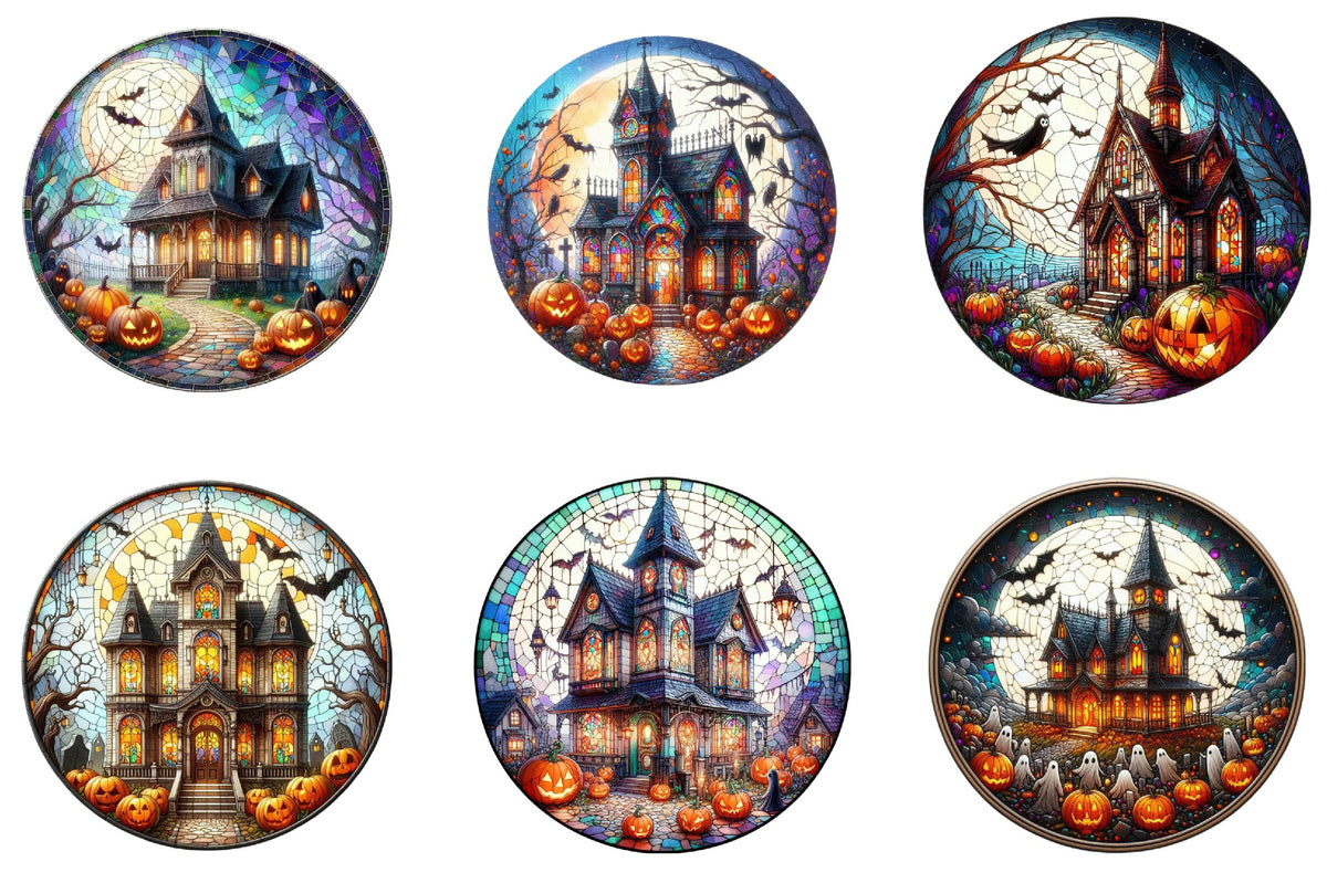 25 Stained Glass Haunted House Halloween Clipart Bundle PNG, Gothic Haunted Mansion Sublimation Designs
