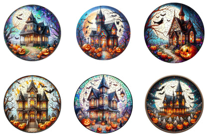 25 Stained Glass Haunted House Halloween Clipart Bundle PNG, Gothic Haunted Mansion Sublimation Designs