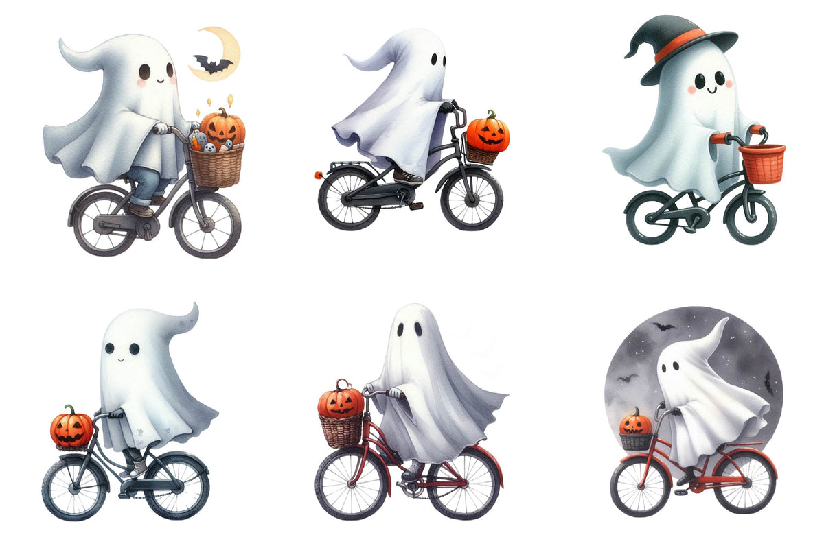 26 Halloween Ghost Bicycle Clipart PNG Bundle