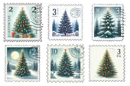 25 Christmas Tree Postage Stamp Clipart Bundle