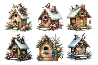Christmas Bird House Watercolor Clipart PNG Bundle