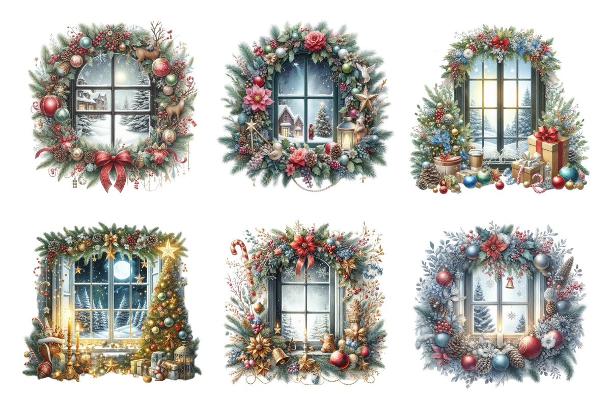 Christmas Window Watercolor Clipart PNG Bundle