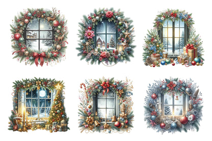 Christmas Window Watercolor Clipart PNG Bundle