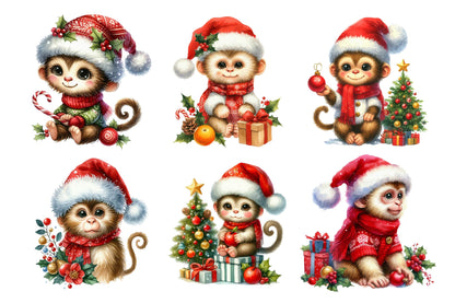 Christmas Monkey Watercolor Clipart PNG Bundle