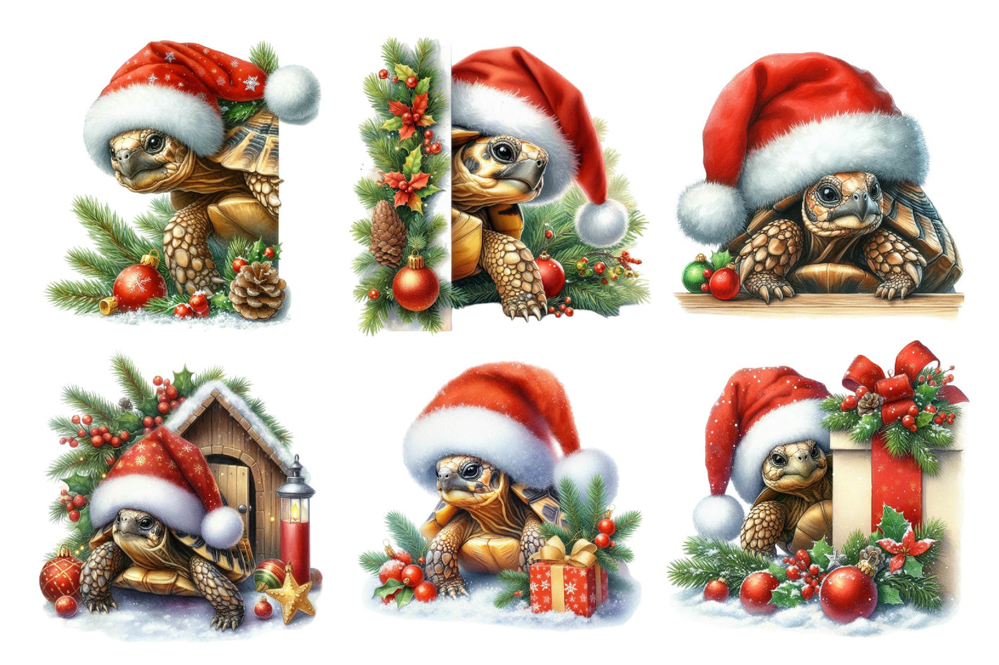 Christmas Tortoise Santa Watercolor Clipart PNG Bundle