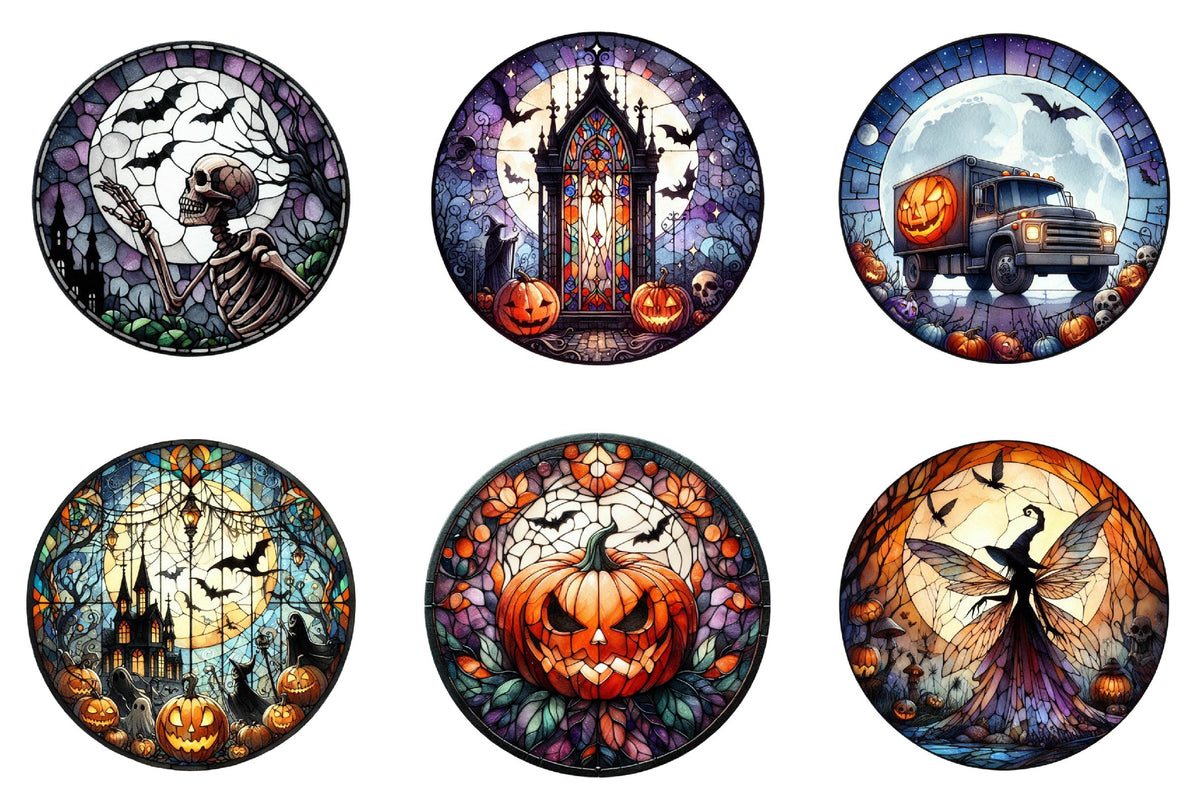28 Halloween Stained Glass Sublimation Clipart PNG Bundle