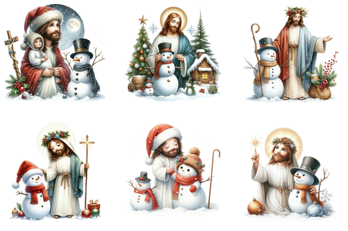 32 Christmas Jesus With Snowman Clipart Bundle