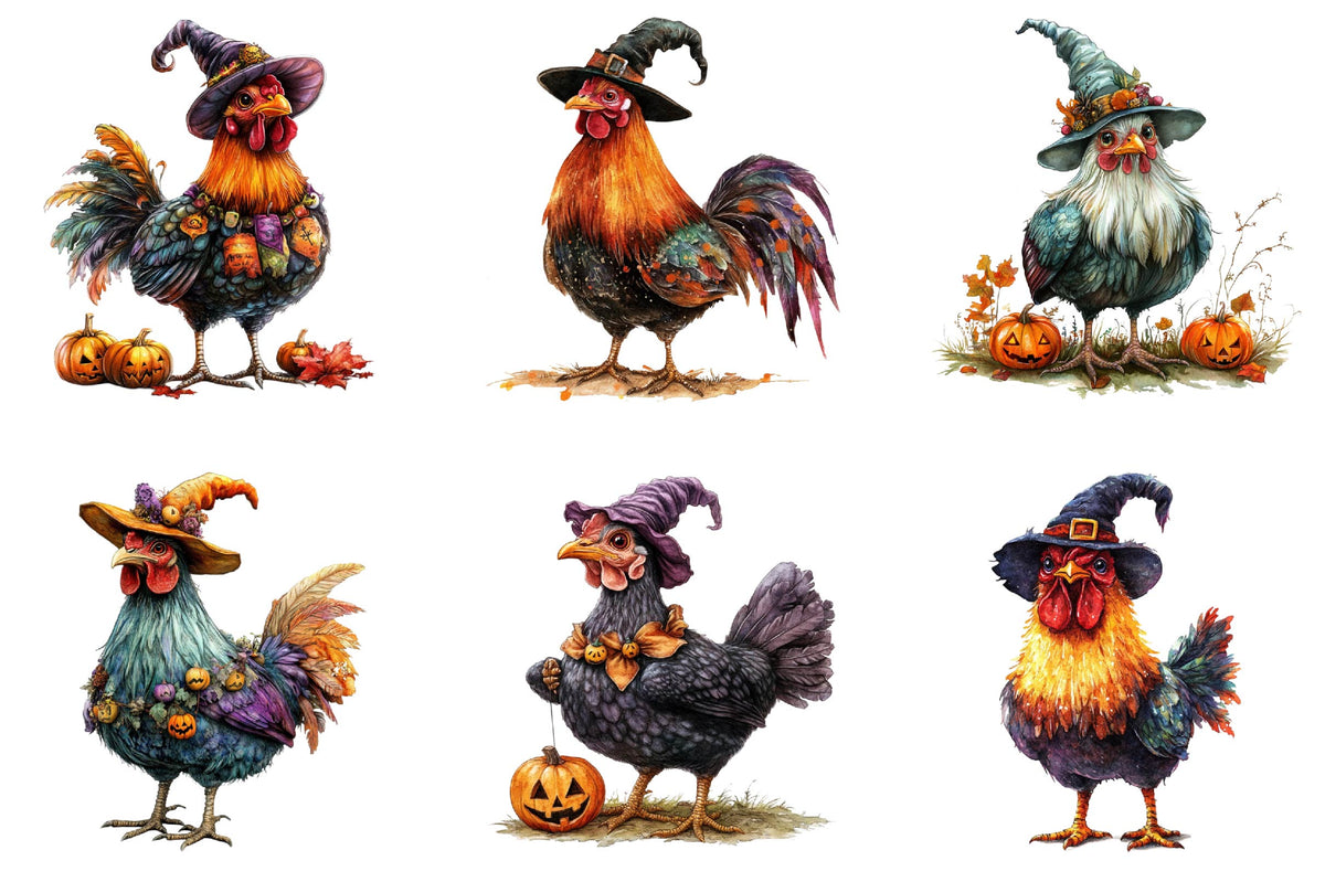 23 Halloween Witch Rooster Clipart PNG Bundle