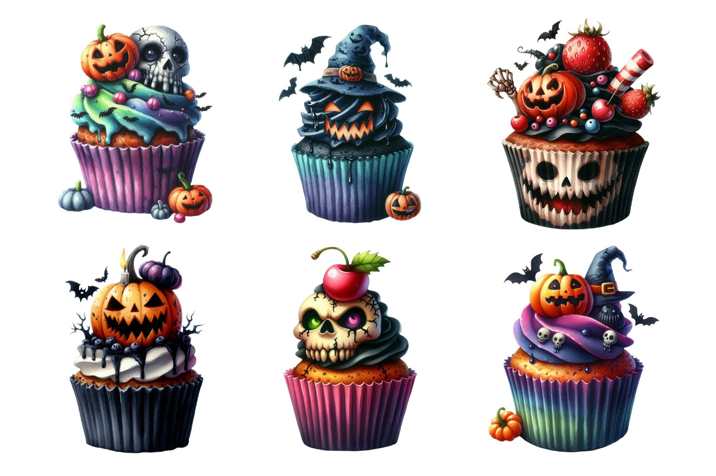 Halloween Cupcake Watercolor Clipart PNG Bundle