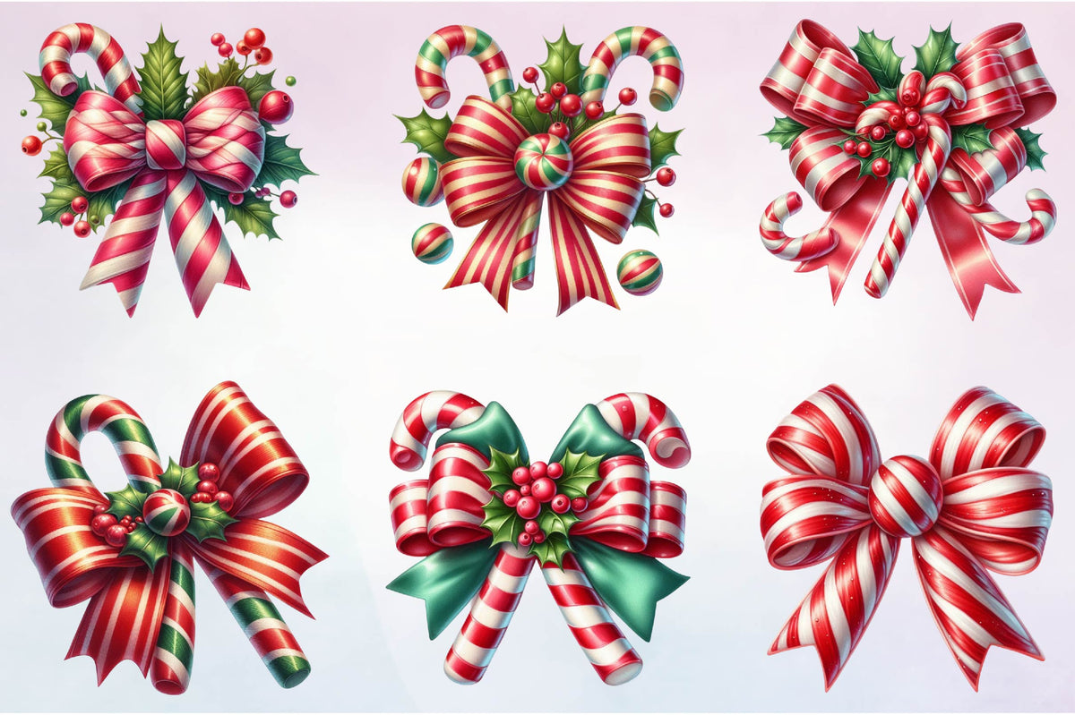 33 Christmas Candy Bow Clipart Bundle PNG, Candy Cane Bow Christmas Sublimation