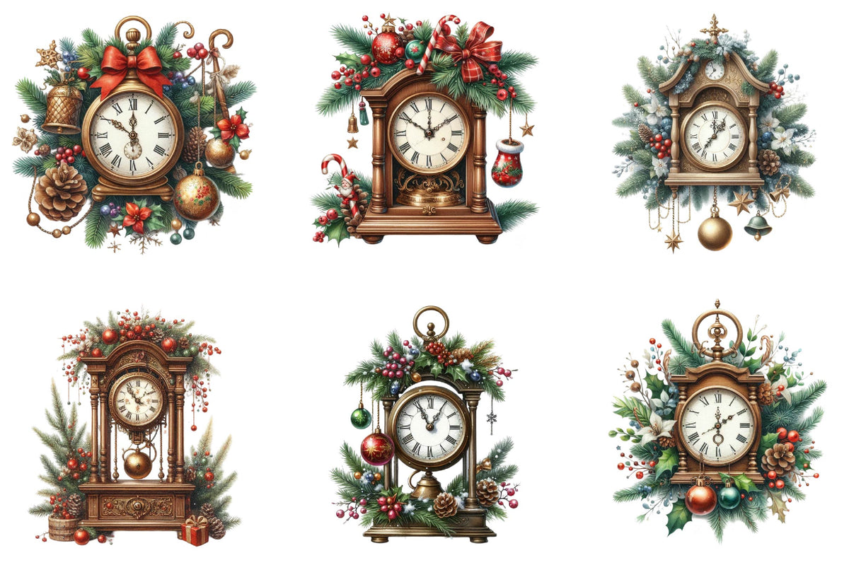28 Christmas Pendulum Clock Clipart Bundle