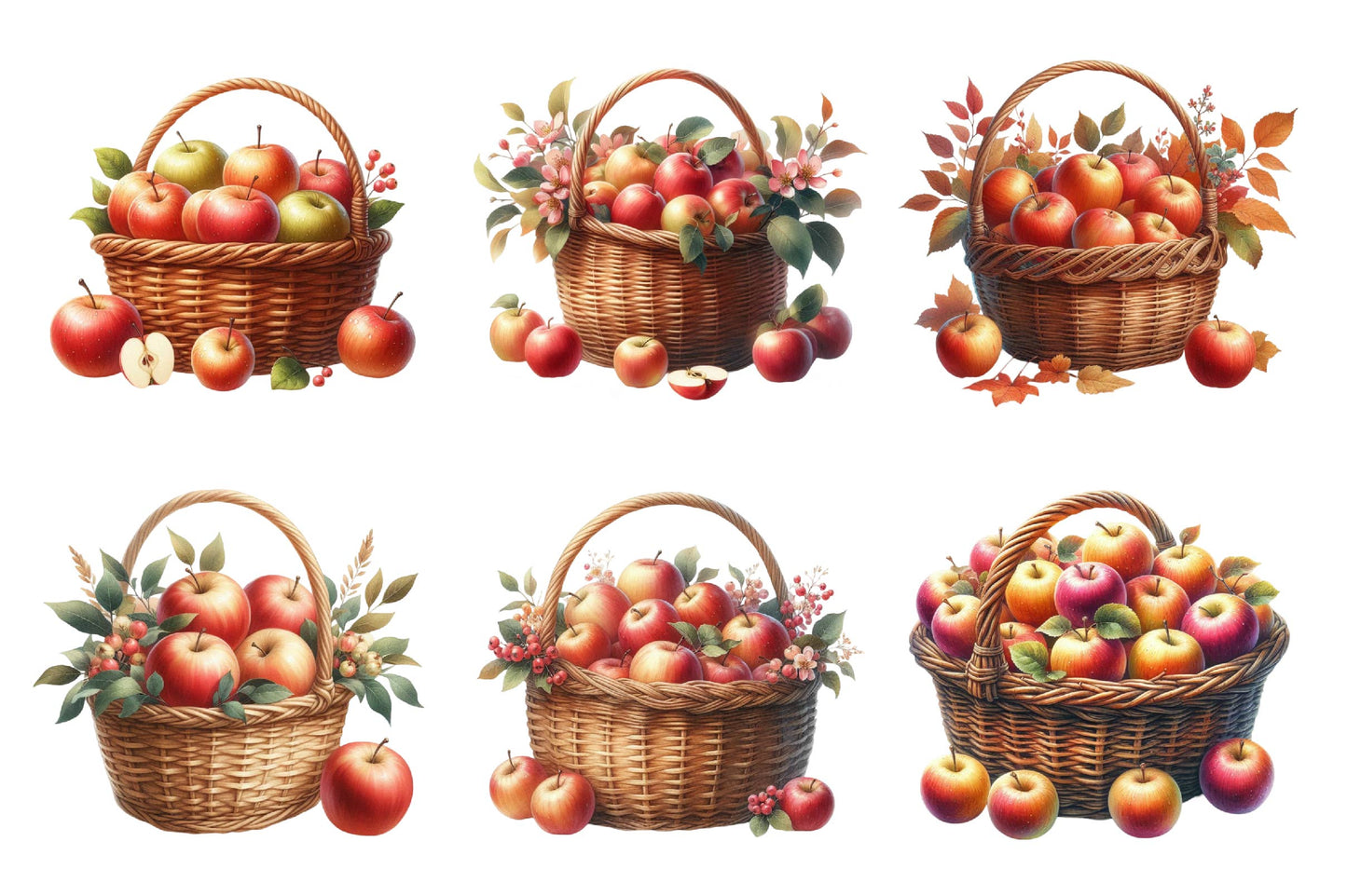 Autumn Apple Basket Watercolor Clipart PNG Bundle