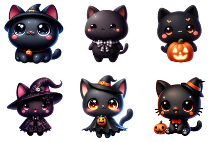 30 Halloween Kawaii Black Cat Clipart Bundle PNG, Cute Witch Cat Jack O Lantern Sublimation Designs