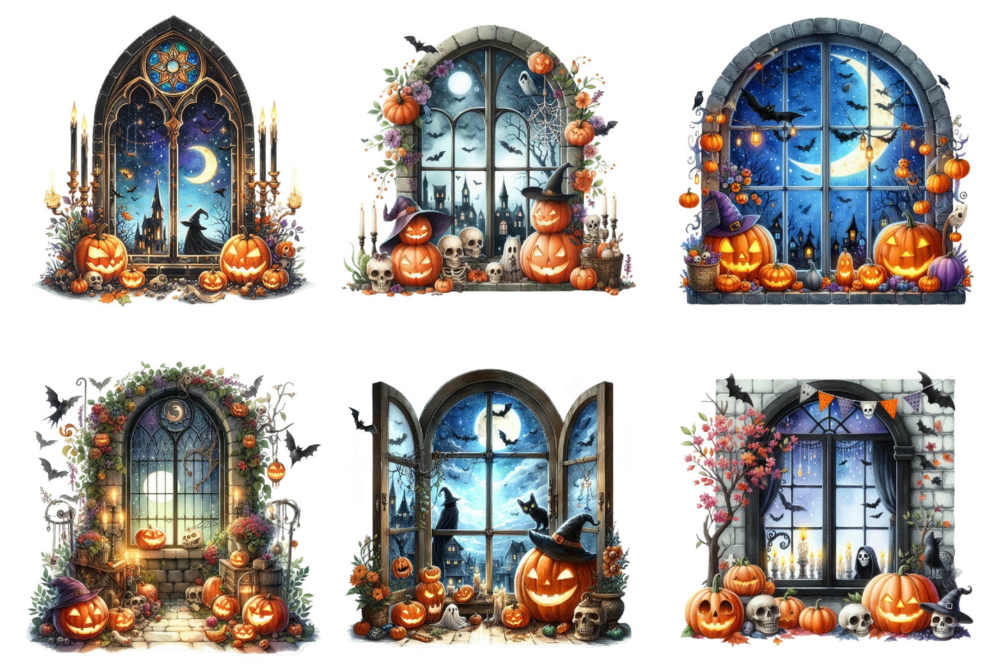30 Halloween Window Clipart PNG Bundle
