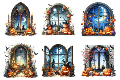 30 Halloween Window Clipart PNG Bundle