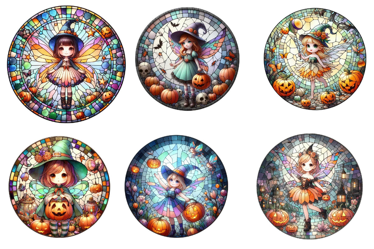 26 Stained Glass Fairy Little Girl Clipart Bundle PNG, Halloween Fairy Girl Pumpkin Gothic Fantasy