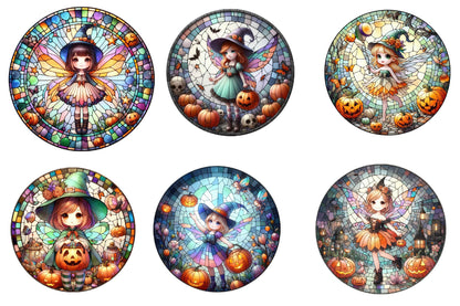 26 Stained Glass Fairy Little Girl Clipart Bundle PNG, Halloween Fairy Girl Pumpkin Gothic Fantasy