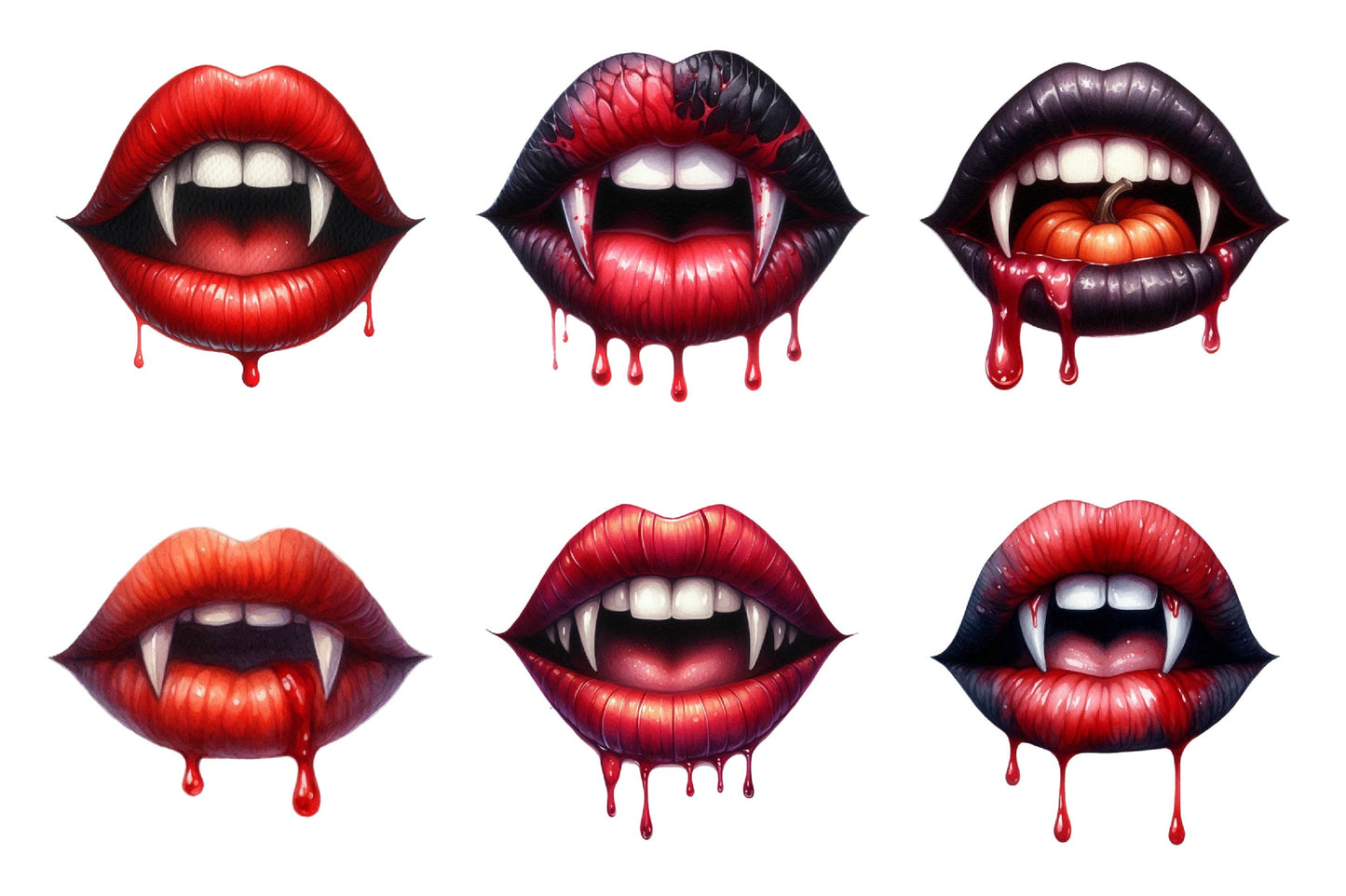 Halloween Vampire Lips Watercolor Clipart PNG Bundle